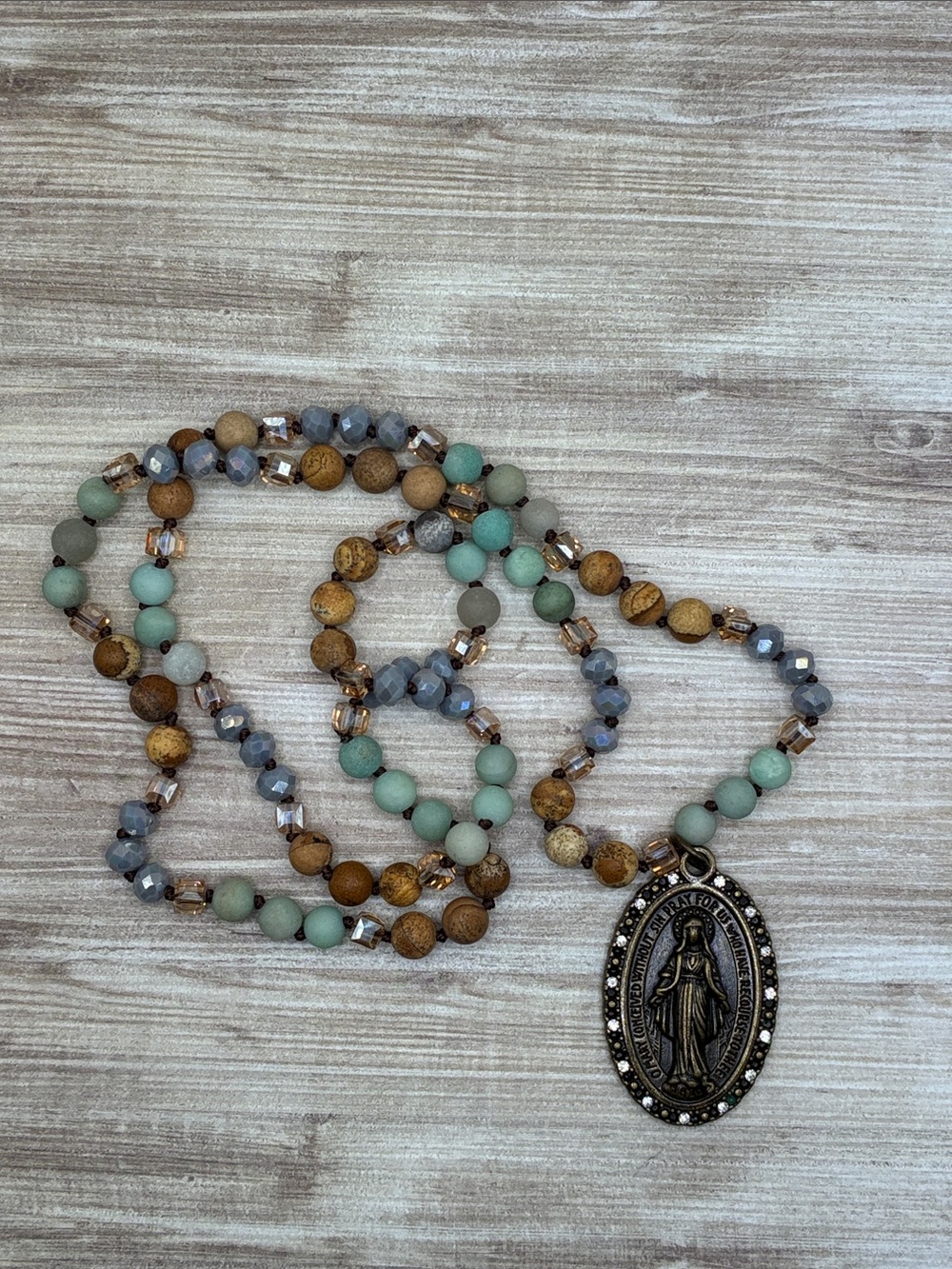 Beaded Religious Miraculous Medal Pendant Necklace